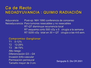 Ca de Recto
NEOADYUVANCIA : QUIMIO RADIACI Ó N

Adyuvancia     Post-op: NIH 1990 conferencia de concenso
Neoadyuvancia: Para tumores resecables y no resecables
               RT-QT disminuye recurrencia local
               RT esquema corto 500 cGy x 5 cirugía a la semana
               RT 5200 cGy total en 30 + QT cirugía a las 4-6 sem.

  Compromiso Ganglionar
  T1 0-12%
  T2 12-28%
  T3 36-79%
  Alto riesgo
  Diferenciación G3 – G4
  Invasión linfo-vascular
  Permeación perineural                   Sengupta S. Dis CR 2001
  Tamaño mayor de 3 cm.
 