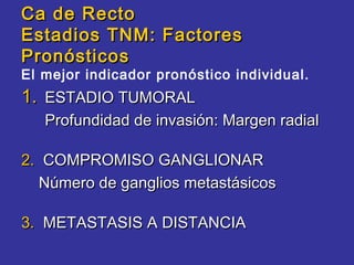 Ca de Recto
Estadios TNM: Factores
Pronósticos
El mejor indicador pronóstico individual.
1. ESTADIO TUMORAL
   Profundidad de invasión: Margen radial

2. COMPROMISO GANGLIONAR
  Número de ganglios metastásicos

3. METASTASIS A DISTANCIA
 