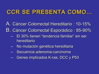 CCR SE PRESENTA COMO…

A. Cáncer Colorrectal Hereditario : 10-15%
B. Cáncer Colorrectal Esporádico : 85-90%
  –   El 30% tienen “tendencia familiar” sin ser
      hereditario
  –   No mutación genética hereditaria
  –   Secuencia adenoma-carcinoma
  –   Genes implicados K-ras, DCC y P53
 