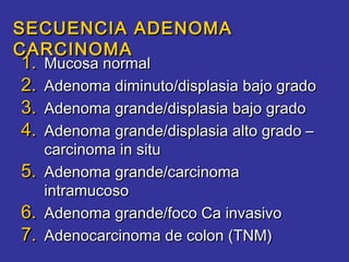 SECUENCIA ADENOMA
CARCINOMA
1.   Mucosa normal
2.   Adenoma diminuto/displasia bajo grado
3.   Adenoma grande/displasia bajo grado
4.   Adenoma grande/displasia alto grado –
     carcinoma in situ
5.   Adenoma grande/carcinoma
     intramucoso
6.   Adenoma grande/foco Ca invasivo
7.   Adenocarcinoma de colon (TNM)
 