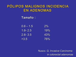 PÓLIPOS MALIGNOS INCIDENCIA
       EN ADENOMAS

      Tamaño :

      0.6 – 1.5       2%
      1.6- 2.5        19%
      2.6- 3.5        43%
      >3.5            76%


                  Nusco. G. Invasive Carcinoma
                         in colorectal adenomas
 