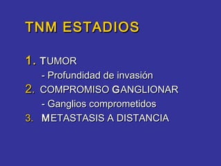 TNM ESTADIOS

1. T UMOR
     - Profundidad de invasión
2.   COMPROMISO G ANGLIONAR
     - Ganglios comprometidos
3.   M ETASTASIS A DISTANCIA
 