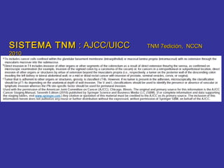 SISTEMA TNM : AJCC/UICC   TNM 7edición, NCCN
2010
 