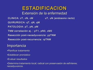 ESTADIFICACION
               Extensión de la enfermedad
CLINICA: cT, cN, cM                  uT, uN (endosono recto)
QUIRURGICA: qT, qN, qM
PATOLOGIA: pT, pN, pM
TNM correlación ej. : pT1, pN0, cM0
Resección post-neoadyuvancia: ypTNM
Resección post-recurrencia: rpTNM

Importancia
•Planificar tratamiento
•Establecer pronóstico
•Evaluar resultados
•Determina tratamiento local; radical con preservasión de esfínteres;
neoadyuvancia.
 