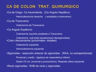 CA DE COLON TRAT. QUIRURGICO
•Ca de Ciego. Ca Ascendente. (Ca Angulo Hepático)
       Hemicolectomía derecha. (-ampliada a transverso)
•Ca de Transverso
       Colectomía de Transverso
•Ca Angulo Esplénico
       Colectomía izquirda ampliada a Transverso
       Colectomía sub-total (anastomosis ileosigmoidea)
•Colon descendente (proximales- distales)
       Colectomía izquierda
       Hemicolectomía izquierda
•Sigmoides : resección anterior de sigmoides (RAA, no ectraperitoneal)
       Proximal y medio : ligadura de mesentérica inferior
       Distal (10 cm. proximal a promontorio). Respeta cólica izquierda
•Recto sigmoides : RAB de recto y sigmoides
 