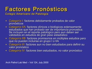 Factores Pronósticos
Colegio Americano de Patología

• Categoría I: factores debidamente probados de valor
    pronósticos
•   Categoría IIA: factores clínicos o biológicos extensamente
    estudiados que han probado ser de importancia pronostica.
    Se incluyen en el reporte patológico pero aun deben ser
    validados en estudios de gran peso estadístico
•   Categoría IIB: factores promisorios en múltiples estudios pero
    que no pueden incluirse en grupo I o IIA
•   Categoría III: factores aun no bien estudiados para definir su
    valor pronóstico
•   Categoría IV: factores bien estudiados, no valor pronóstico



Arch Pathol Lab Med – Vol 124, July 2000
 
