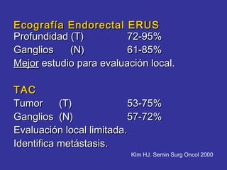 Ecografía Endorectal ERUS
Profundidad (T)          72-95%
Ganglios    (N)          61-85%
Mejor estudio para evaluación local.

TAC
Tumor      (T)             53-75%
Ganglios (N)               57-72%
Evaluación local limitada.
Identifica metástasis.
                          KIm HJ. Semin Surg Oncol 2000
 