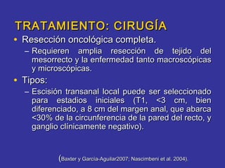 TRATAMIENTO: CIRUGÍA
• Resección oncológica completa.
  – Requieren amplia resección de tejido del
    mesorrecto y la enfermedad tanto macroscópicas
    y microscópicas.
• Tipos:
  – Escisión transanal local puede ser seleccionado
    para estadios iniciales (T1, <3 cm, bien
    diferenciado, a 8 cm del margen anal, que abarca
    <30% de la circunferencia de la pared del recto, y
    ganglio clínicamente negativo).


           (Baxter y García-Aguilar2007; Nascimbeni et al. 2004).
 