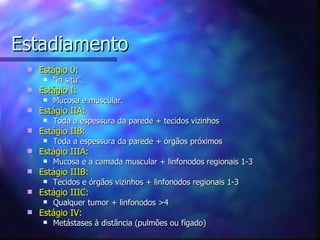 Estadiamento
    Estágio 0:
         “in situ”.
    Estágio I:
         Mucosa e muscular.
    Estágio IIA:
         Toda a espessura da parede + tecidos vizinhos
    Estágio IIB:
         Toda a espessura da parede + órgãos próximos
    Estágio IIIA:
         Mucosa e a camada muscular + linfonodos regionais 1-3
    Estágio IIIB:
         Tecidos e órgãos vizinhos + linfonodos regionais 1-3
    Estágio IIIC:
         Qualquer tumor + linfonodos >4
    Estágio IV:
         Metástases à distância (pulmões ou fígado)
 