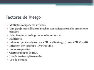 Factores de Riesgo
• Múltiples compañeros sexuales
• Una pareja masculina con muchas compañeras sexuales presentes o
pasados
• Edad temprana en la primera relación sexual
• Multigesta
• Infección persistente con un VPH de alto riesgo (como VPH 16 o 18)
• Infección por VHS tipo II y otras ITSs
• Inmunosupresión
• Ciertos subtipos de HLA
• Uso de contraceptivos orales
• Uso de nicotina
 