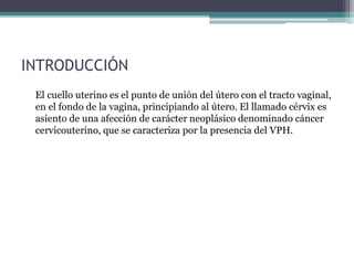 INTRODUCCIÓN
El cuello uterino es el punto de unión del útero con el tracto vaginal,
en el fondo de la vagina, principiando al útero. El llamado cérvix es
asiento de una afección de carácter neoplásico denominado cáncer
cervicouterino, que se caracteriza por la presencia del VPH.
 