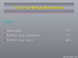 Câncer de Bexiga Metastático MVAC  Resposta  70% Melhor que cisplatina  12% Melhor que cisca  46% Sternberg, MSKCC, 1985 