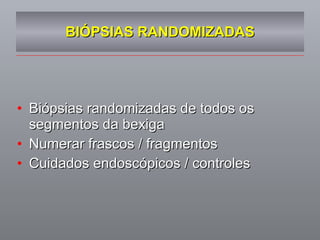 BIÓPSIAS RANDOMIZADAS Biópsias randomizadas de todos os segmentos da bexiga Numerar frascos / fragmentos Cuidados endoscópicos / controles  