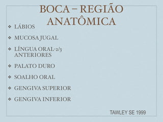 BOCA – REGIÃO
❖   LÁBIOS
              ANATÔMICA
❖   MUCOSA JUGAL

❖   LÍNGUA ORAL-2/3
    ANTERIORES
❖   PALATO DURO
❖   SOALHO ORAL
❖   GENGIVA SUPERIOR
❖   GENGIVA INFERIOR

                       TAWLEY SE 1999
 