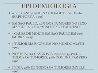 EPIDEMIOLOGIA
❖   6.000 CASOS/ ANO NA CIDADE DE São Paulo
    (RAPOPORT A 1997)

❖   EM SÃO PAULO, 1,6% DOS TUMORES NO SEXO
    MASCULINO E 0,6% NO SEXO FEMININO
❖   3 CAUSA DE MORTE EM SÃO PAULO EM 1999
    (MIRRA 2003)
❖   5 TUMOR MAIS COMUM NO MUNDO (GATH
    1999)
❖   NOS EUA, 11,2 CASOS POR 100.000, 3,45% DE
    TODOS OS TUMORES, 30% DOS DE CP (MYERS
    1996)
❖   ÍNDIA 50% DE TODOS OS TUMORES (MYERS
    1996)
 