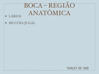 BOCA – REGIÃO
❖   LÁBIOS
              ANATÔMICA
❖   MUCOSA JUGAL




                       TAWLEY SE 1999
 