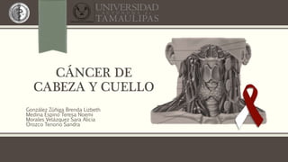 CÁNCER DE
CABEZA Y CUELLO
González Zúñiga Brenda Lizbeth
Medina Espino Teresa Noemi
Morales Velázquez Sara Alicia
Orozco Tenorio Sandra
 