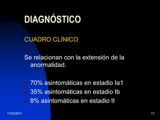 Cromatina granular fina /cromatina gruesa, frotis con trasfondo sucio – exudado fibrinoso, células de tipo inflamatorio, restos necróticos.25/11/200911DIAGNÒSTICOSIGNOS COLPOSCOPICOS DE POSIBLE CA MICROINVASOR1.-Lesión extensa que abarca 3-4 cuadrantes del cervix (>18mm cuadrados)2.- LEIAG que se extiende al canal  > 5mm3.-Vasos atípicos4.- Acetorreactividad densa, elevada5.-Ulceración, levantamiento del epitelio acetoblanco.6.-Patron en mosaico, punteado bien desarrollado.