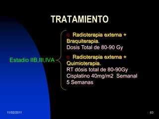 La quimioterapia no se utiliza como tratamiento primario, perose puede administrar junto con la radioterapia o cirugía.25/11/200948TRATAMIENTOFuente de radiaciónRADIOTERAPIATeleterapia  /RT externaRadiación de la zona pelviana desde una ciertadistancia.Dósis en toda la pelvis 40-50Gy en 5 semanas, razón de 2Gy por fracción, 5 fracciones por semana.Limite superior L4-L5 o L5 – S1
