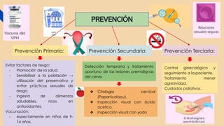 PREVENCIÓN
Prevención Terciaria:
Prevención Secundaria:
Prevención Primaria:
Evitar factores de riesgo:
- Promoción de la salud.
- Sensibilizar a la población →
utilización del preservativo y
evitar prácticas sexuales de
riesgo.
- Ingesta de alimentos
saludables, ricos en
antioxidantes.
Vacunación:
- especialmente en niñas de 9-
14 años.
❖ Citología cervical
(Papanicolaou).
❖ Inspección visual con ácido
acético.
❖ Inspección visual con yodo
Detección temprana y tratamiento
oportuno de las lesiones premalignas
del cervix
Control ginecológico y
seguimiento a la paciente.
Tratamiento menor
agresividad.
Cuidados paliativos.
 