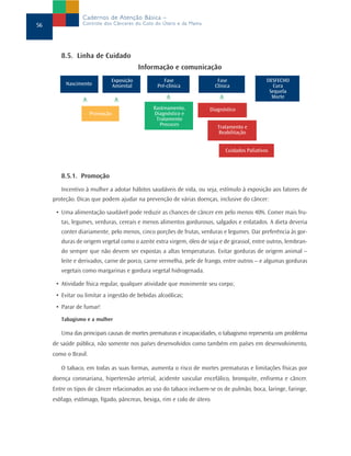 8.5. Linha de Cuidado
8.5.1. Promoção
Incentivo à mulher a adotar hábitos saudáveis de vida, ou seja, estímulo à exposição aos fatores de
proteção. Dicas que podem ajudar na prevenção de várias doenças, inclusive do câncer:
• Uma alimentação saudável pode reduzir as chances de câncer em pelo menos 40%. Comer mais fru-
tas, legumes, verduras, cereais e menos alimentos gordurosos, salgados e enlatados. A dieta deveria
conter diariamente, pelo menos, cinco porções de frutas, verduras e legumes. Dar preferência às gor-
duras de origem vegetal como o azeite extra virgem, óleo de soja e de girassol, entre outros, lembran-
do sempre que não devem ser expostas a altas temperaturas. Evitar gorduras de origem animal –
leite e derivados, carne de porco, carne vermelha, pele de frango, entre outros – e algumas gorduras
vegetais como margarinas e gordura vegetal hidrogenada.
• Atividade física regular, qualquer atividade que movimente seu corpo;
• Evitar ou limitar a ingestão de bebidas alcoólicas;
• Parar de fumar!
Tabagismo e a mulher
Uma das principais causas de mortes prematuras e incapacidades, o tabagismo representa um problema
de saúde pública, não somente nos países desenvolvidos como também em países em desenvolvimento,
como o Brasil.
O tabaco, em todas as suas formas, aumenta o risco de mortes prematuras e limitações físicas por
doença coronariana, hipertensão arterial, acidente vascular encefálico, bronquite, enfisema e câncer.
Entre os tipos de câncer relacionados ao uso do tabaco incluem-se os de pulmão, boca, laringe, faringe,
esôfago, estômago, fígado, pâncreas, bexiga, rim e colo de útero.
56
Cadernos de Atenção Básica –
Controle dos Cânceres do Colo do Útero e da Mama
Nascimento
Promoção
Rastreamento,
Diagnóstico e
Tratamento
Precoces
Diagnóstico
Tratamento e
Reabilitação
Cuidados Paliativos
Exposição
Amiental
Fase
Pré-clínica
Fase
Clínica
DESFECHO
Cura
Sequela
Morte
Informação e comunicação
 