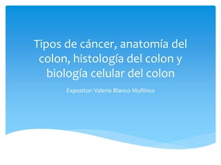 Tipos de cáncer, anatomía del
colon, histología del colon y
biología celular del colon
Expositor: Valeria Blanco Muñinco
 