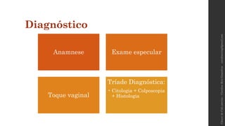 Diagnóstico
Anamnese Exame especular
Toque vaginal
Tríade Diagnóstica:
• Citologia + Colposcopia
+ Histologia
carolinereisg@gmail.comCâncerdeColouterino–CarolineReisGonçalves
 