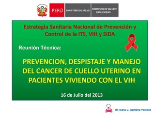 Estrategia Sanitaria Nacional de Prevención y
Control de la ITS, VIH y SIDA
Reunión Técnica:
PREVENCION, DESPISTAJE Y MANEJO
DEL CANCER DE CUELLO UTERINO EN
PACIENTES VIVIENDO CON EL VIH
16 de Julio del 2013
 