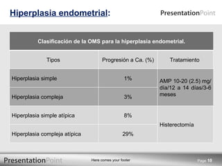 Hiperplasia endometrial : Page  Clasificación de la OMS para la hiperplasia endometrial. Tipos  Progresión a Ca. (%) Tratamiento  Hiperplasia simple 1% AMP 10-20 (2.5) mg/día/12 a 14 días/3-6 meses Hiperplasia compleja 3% Hiperplasia simple atípica 8% Histerectomía  Hiperplasia compleja atípica 29% 