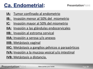 IA: Tumor confinado al endometrio IB:   Invasión menor al 50% del  miometrio IC: Invasión mayor al 50% del miometrio IIA: Invasión a las glándulas endocervicales IIB:   Invasión al estroma cervical IIIA:   Invasión a serosa y/o anexos IIIB:   Metástasis vaginal IIIC:   Metástasis a ganglios pélvicos o paraaórticos IVA: Invasión a la mucosa vesical y/o intestinal IVB:   Metástasis a distancia. Ca. Endometrial : Page  