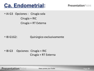 IA G3  Opciones :  Cirugía sola    Cirugía + RIC    Cirugía + RT Externa  IB G1G2:   Quirúrgico exclusivamente IB G3  Opciones:  Cirugía + RIC    Cirugía + RT Externa Ca. Endometrial : Page  