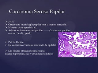 Carcinoma Seroso Papilar





3-4 %
Ofrece una morfología papilar mas o menos marcada.
Muestra gran agresividad.
Adenocarcinoma seroso papilar
Carcinoma papilar
uterino de alto grado.

 Patrón Papilar
 Eje conjuntivo vascular revestido de epitelio
 Las células ofrecen pleomorfismo,
núcleo hipercrómatico y abundantes mitosis

 