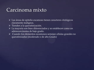 Carcinoma mixto
 Las áreas de epitelio escamoso tienen caracteres citológicos
claramente malignos.
 Tienden a la queratinización.
 La mayoría son bien diferenciados y se establecen como un
adenocarcinoma de bajo grado.
 Cuando los elementos escamosos semejan células grandes no
queratinizadas (moderado o de alto Grado)

 