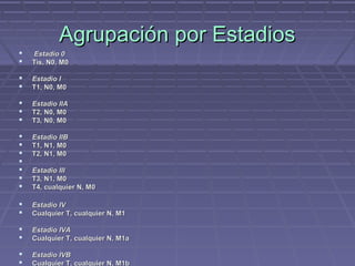 Agrupación por Estadios
   Estadio 0
   Tis, N0, M0

   Estadio I
   T1, N0, M0

   Estadio IIA
   T2, N0, M0
   T3, N0, M0

   Estadio IIB
   T1, N1, M0
   T2, N1, M0

   Estadio III
   T3, N1, M0
   T4, cualquier N, M0

   Estadio IV
   Cualquier T, cualquier N, M1

   Estadio IVA
   Cualquier T, cualquier N, M1a

   Estadio IVB
   Cualquier T, cualquier N, M1b
 