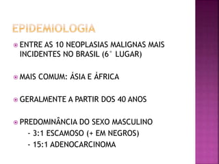  ENTRE AS 10 NEOPLASIAS MALIGNAS MAIS
INCIDENTES NO BRASIL (6° LUGAR)
 MAIS COMUM: ÁSIA E ÁFRICA
 GERALMENTE A PARTIR DOS 40 ANOS
 PREDOMINÂNCIA DO SEXO MASCULINO
- 3:1 ESCAMOSO (+ EM NEGROS)
- 15:1 ADENOCARCINOMA
 