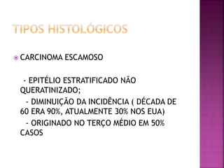  CARCINOMA ESCAMOSO
- EPITÉLIO ESTRATIFICADO NÃO
QUERATINIZADO;
- DIMINUIÇÃO DA INCIDÊNCIA ( DÉCADA DE
60 ERA 90%, ATUALMENTE 30% NOS EUA)
- ORIGINADO NO TERÇO MÉDIO EM 50%
CASOS
 