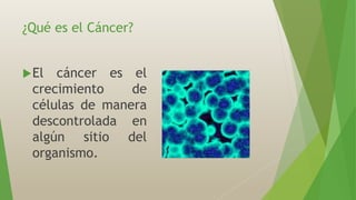 ¿Qué es el Cáncer?
El cáncer es el
crecimiento de
células de manera
descontrolada en
algún sitio del
organismo.
 