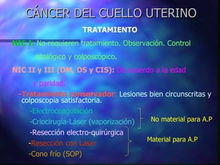 CÁNCER DEL CUELLO UTERINO TRATAMIENTO NIC I:   No requieren tratamiento. Observación. Control citológico y colposcópico . NIC II y III (DM, DS y CIS):   De acuerdo a la edad  y paridad.  -Tratamiento conservador :   Lesiones bien circunscritas y   colposcopia satisfactoria. -Electrocoagulación -Criocirugía-Láser (vaporización)   -Resección electro-quirúrgica - Resección con Láser   -Cono frío (SOP) No material para A.P Material para A.P 