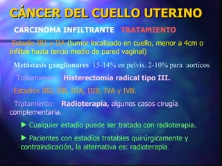 CÁNCER DEL CUELLO UTERINO CARCINOMA INFILTRANTE   TRATAMIENTO Estadío IB1 y IIA  (tumor localizado en cuello, menor a 4cm o  infiltra hasta tercio medio de pared vaginal) Metástasis ganglionares  15-14% en pelvis. 2-10% para  aorticos Tratamiento:   Histerectomía radical tipo III. Estadíos IB2, IIB, IIIA, IIIB, IVA y IVB. Tratamiento:   Radioterapia,  algunos casos cirugía   complementaria. Cualquier estadío puede ser tratado con radioterapia. Pacientes con estadíos tratables quirúrgicamente y  contraindicación, la alternativa es: radioterapia . 
