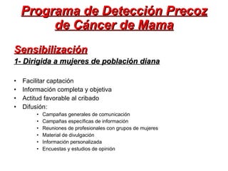 Programa de Detección Precoz de Cáncer de Mama Sensibilización 1- Dirigida a mujeres de población diana Facilitar captación Información completa y objetiva Actitud favorable al cribado Difusión: Campañas generales de comunicación Campañas específicas de información Reuniones de profesionales con grupos de mujeres Material de divulgación Información personalizada Encuestas y estudios de opinión 