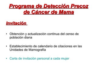 Programa de Detección Precoz de Cáncer de Mama Invitación  Obtención y actualización continua del censo de población diana Establecimiento de calendario de citaciones en las Unidades de Mamografía Carta de invitación personal a cada mujer 