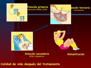 RehabilitaciónAtención secundaria
ECM y diagnóstico
Atención primaria
educación (AEM) y ECM
Atención terciaria
tratamiento
Calidad de vida después del tratamiento
 