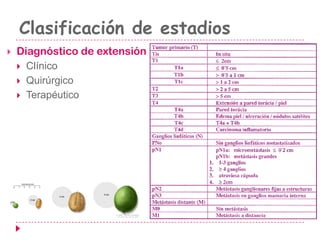 Clasificación de estadios
 Diagnóstico de extensión
 Clínico
 Quirúrgico
 Terapéutico
 
