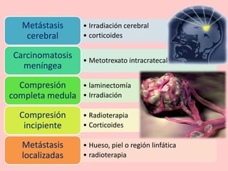 • Irradiación cerebral
• corticoides
Metástasis
cerebral
• Metotrexato intracratecal
Carcinomatosis
meníngea
• laminectomía
• Irradiación
Compresión
completa medula
• Radioterapia
• Corticoides
Compresión
incipiente
• Hueso, piel o región linfática
• radioterapia
Metástasis
localizadas
 