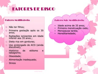 FATORES DE RISCO
Fatores Modificáveis:

Fatores Não Modificáveis:

 Não ter filhos;
 Primeira gestação após os 30
anos;

 Radiações ionizantes em idade
inferior aos 35 anos.;
 Dieta rica em gorduras;
 Uso prolongado de ACO (ainda
discutível);
 Histórico
de
tabagismo;

etilismo

e

 Obesidade;
 Alimentação inadequada;
 Stress

Ivana Ferraz

•
•
•
•

Idade acima de 35 anos;
Primeira menstruação cedo;
Menopausa tardia;
Hereditariedade;

 