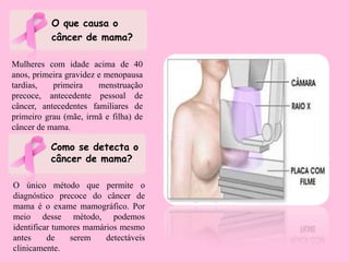 O que causa o
câncer de mama?
Mulheres com idade acima de 40
anos, primeira gravidez e menopausa
tardias, primeira menstruação
precoce, antecedente pessoal de
câncer, antecedentes familiares de
primeiro grau (mãe, irmã e filha) de
câncer de mama.
Como se detecta o
câncer de mama?
O único método que permite o
diagnóstico precoce do câncer de
mama é o exame mamográfico. Por
meio desse método, podemos
identificar tumores mamários mesmo
antes de serem detectáveis
clinicamente.
 