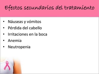Efectos secundarios del tratamiento
• Náuseas y vómitos
• Pérdida del cabello
• Irritaciones en la boca
• Anemia
• Neutropenia
 