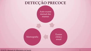 DETECÇÃO PRECOCE 
Auto exame mensal das mamas 
Exame clínico anual 
Mamografia 
FONTE: Manual do Ministério da Saúde 
16  