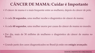 CÂNCER DE MAMA: Cuidar é Importante 
▪O câncer de mama é o mais frequente entre as mulheres, depois do câncer de pele; 
▪A cada 24 segundos, uma mulher recebe o diagnóstico de câncer de mama; 
▪A cada 60 segundos, uma mulher morre por causa do câncer de mama no mundo; 
▪Por dia, mais de 30 milhões de mulheres o diagnóstico de câncer de mama no Brasil; 
▪Grande parte dos casos diagnosticados no Brasil já estão em estágio avançado; 
FONTE: INSTITUTO ONCOGUIA 
3  