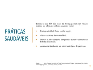 10
PRÁTICAS
SAUDÁVEIS
Fonte: http://www2.inca.gov.br/wps/wcm/connect/acoes_programas/site/home/
nobrasil/programa_controle_cancer_mama
Estima-se que 28% dos casos da doença possam ser evitados
quando são adotadas práticas saudáveis como:
Praticar atividade física regularmente;
Alimentar-se de forma saudável;
Manter o peso corporal adequado e evitar o consumo de
bebidas alcóolicas;
Amamentar também é um importante fator de proteção.
 